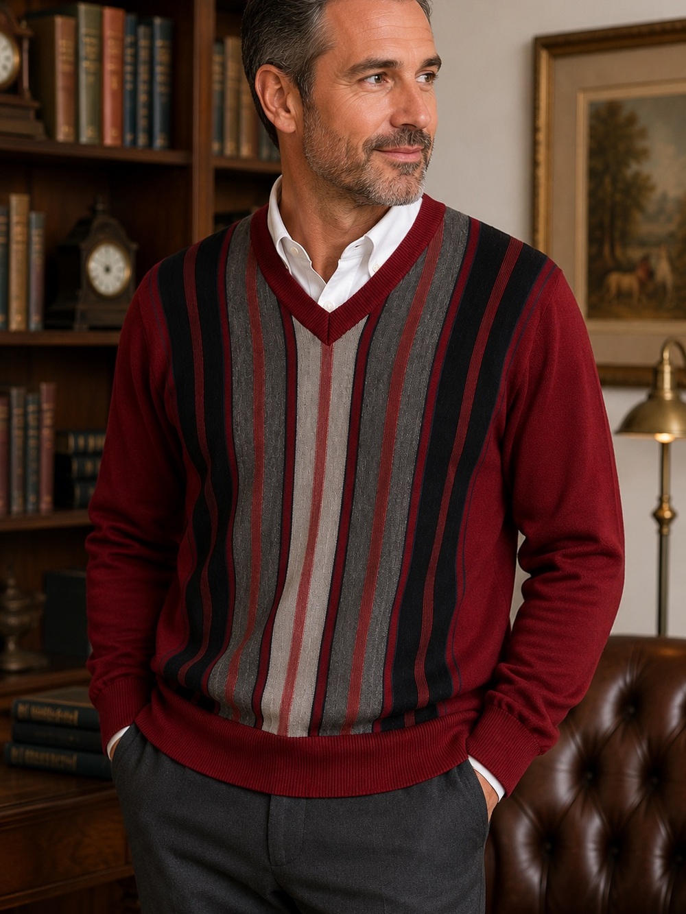 Montechiaro Made in Italy Wool Blend‎ V-Neck Sweater | XXL | Red Multi Stripe